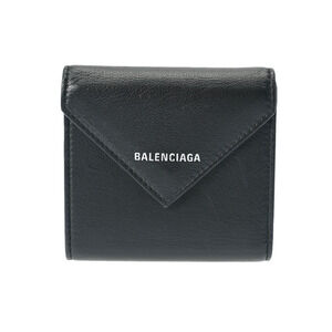 BALENCIAGA Paper Compact Wallet Black Leather Tri fold
